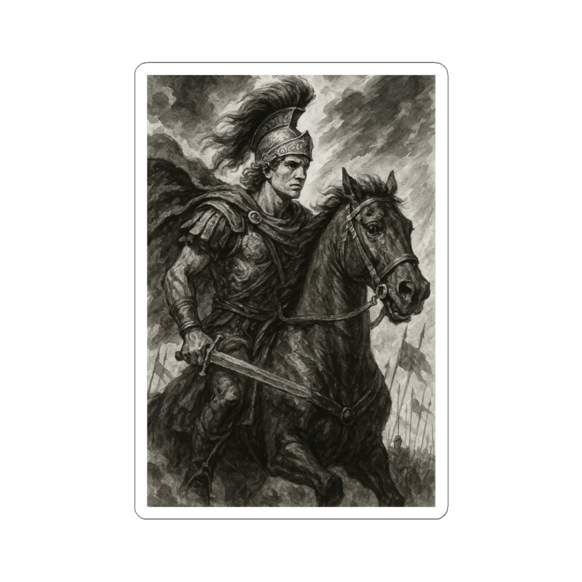Alejandro Magno en Batalla – Sticker en Blanco y Negro